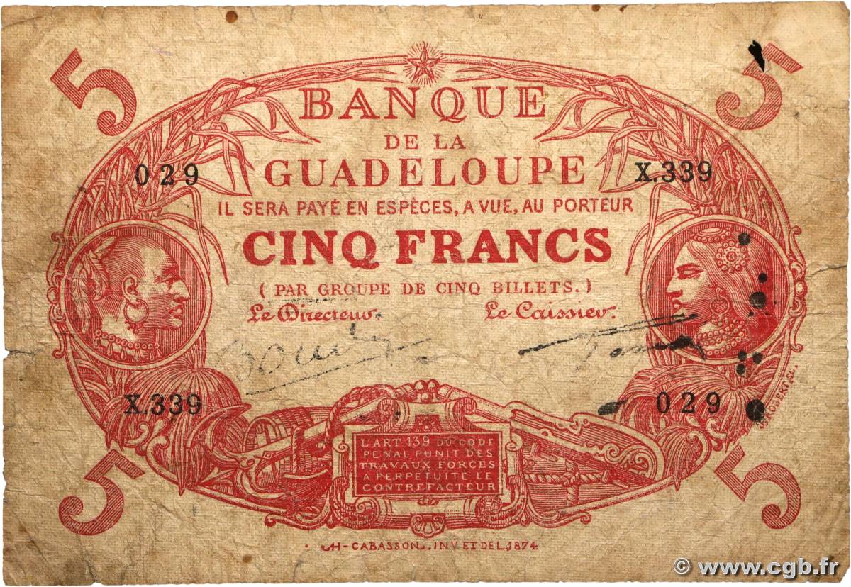 5 Francs Cabasson rouge GUADELOUPE  1945 P.07e G