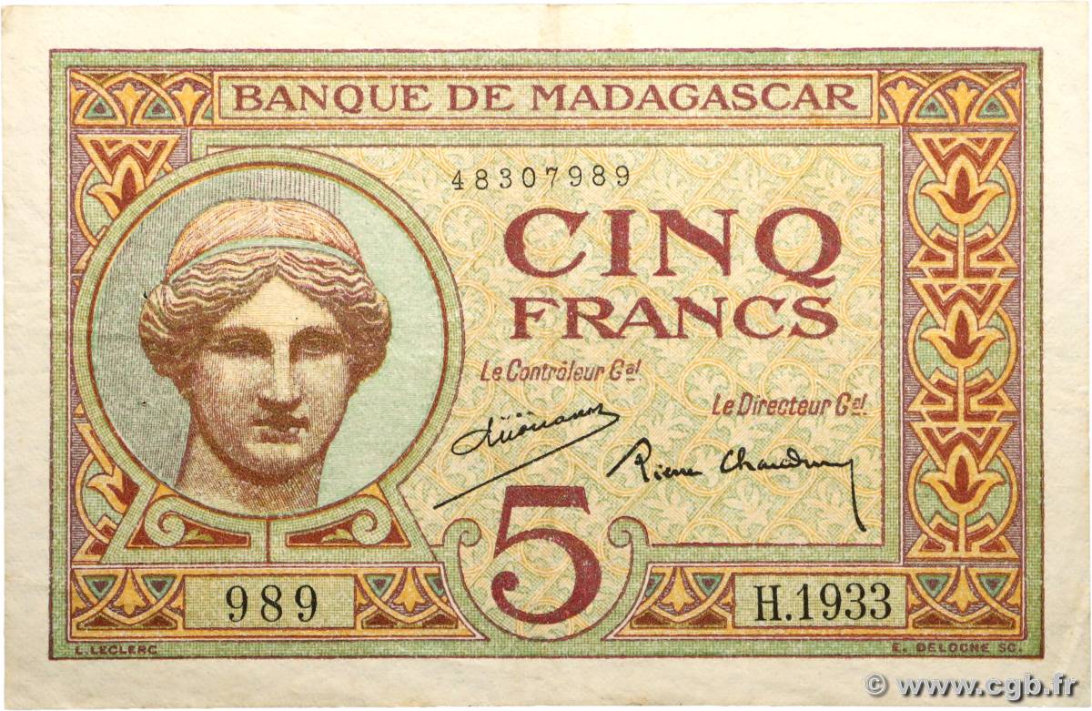 5 Francs MADAGASCAR  1937 P.035 VF+