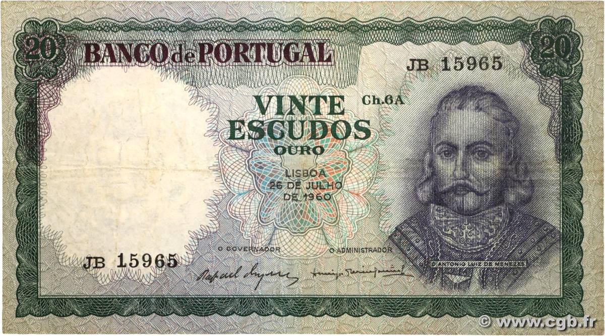 20 Escudos PORTUGAL  1960 P.163a TB