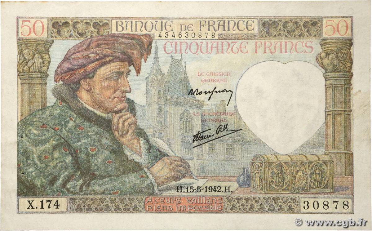 50 Francs JACQUES CŒUR FRANCE  1942 F.19.20 SUP