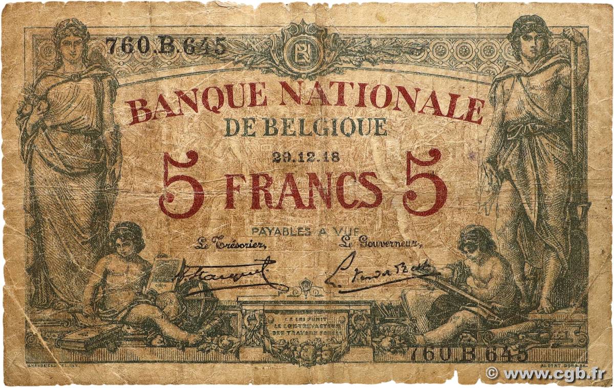 5 Francs BELGIUM  1918 P.075b G