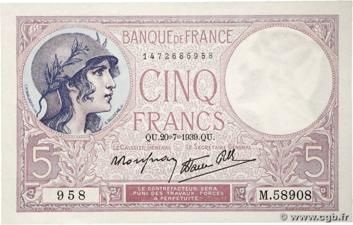 5 Francs FEMME CASQUÉE modifié FRANCE  1939 F.04.02 SPL
