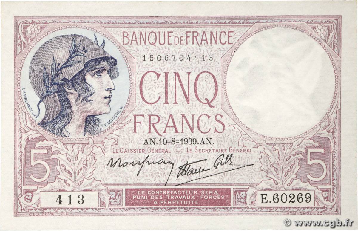 5 Francs FEMME CASQUÉE modifié FRANCE  1939 F.04.05 AU
