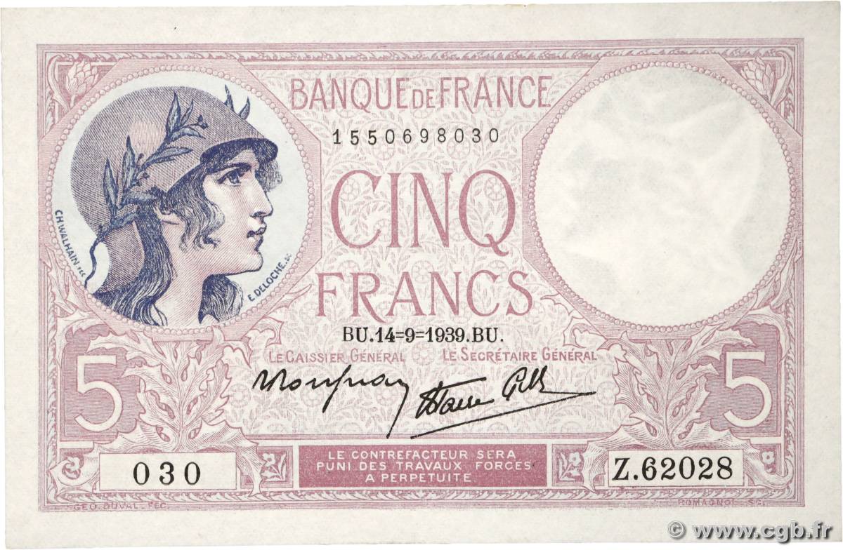 5 Francs FEMME CASQUÉE modifié FRANCE  1939 F.04.08 SPL+