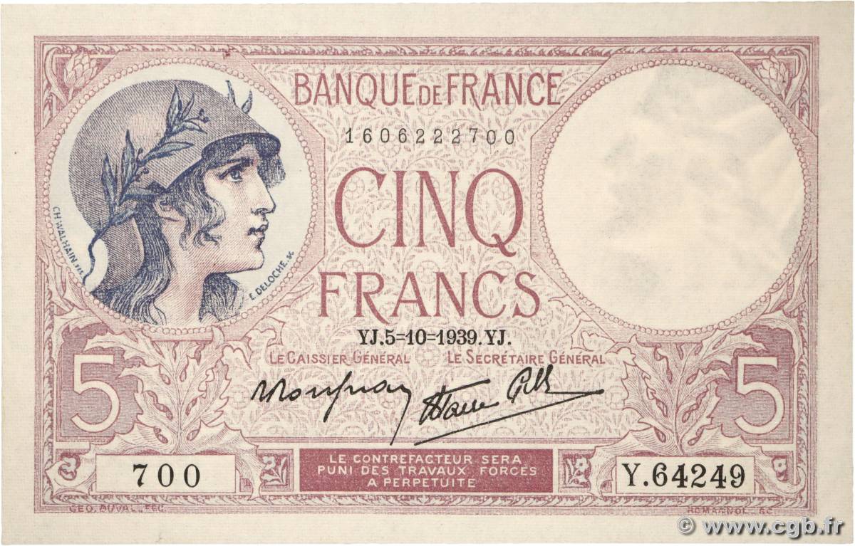 5 Francs FEMME CASQUÉE modifié FRANCE  1939 F.04.11 SPL+