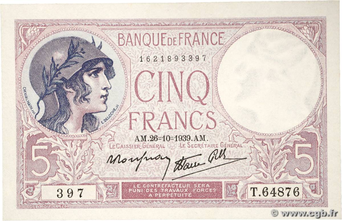 5 Francs FEMME CASQUÉE modifié FRANCE  1939 F.04.13 SPL+