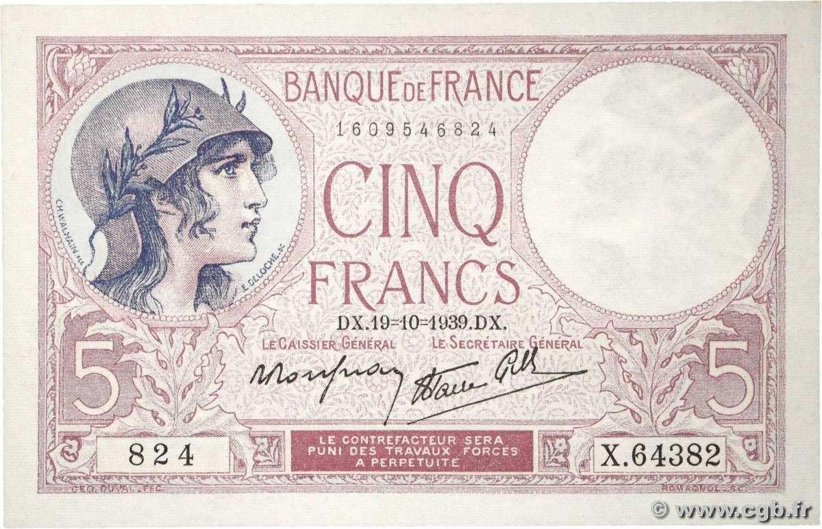 5 Francs FEMME CASQUÉE modifié FRANCE  1939 F.04.12 NEUF