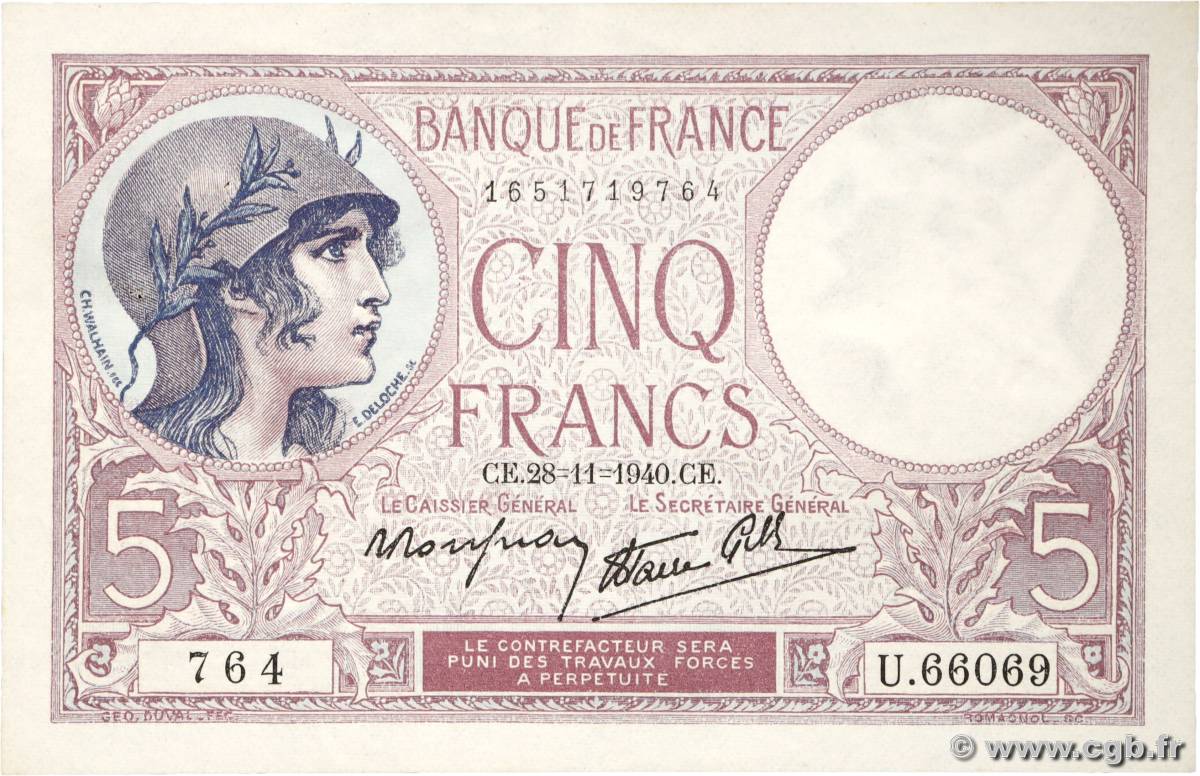 5 Francs FEMME CASQUÉE modifié FRANCE  1940 F.04.15 AU-