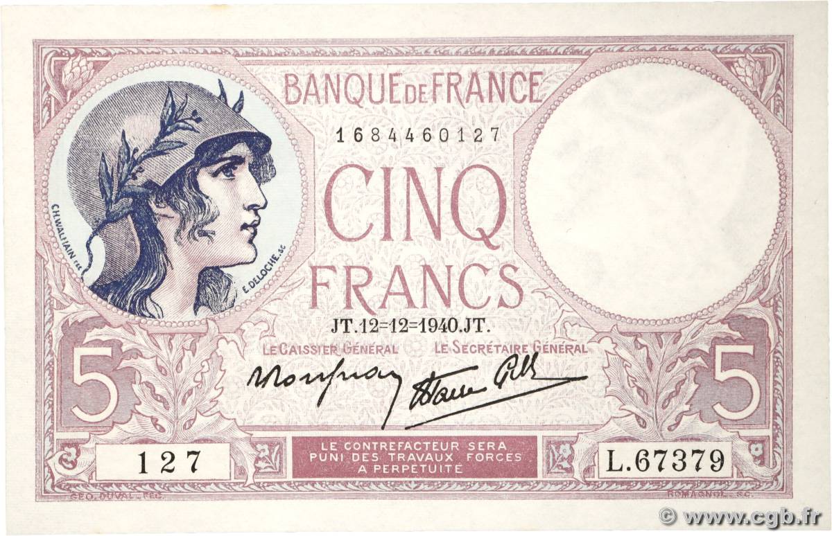 5 Francs FEMME CASQUÉE modifié FRANCE  1940 F.04.17 NEUF