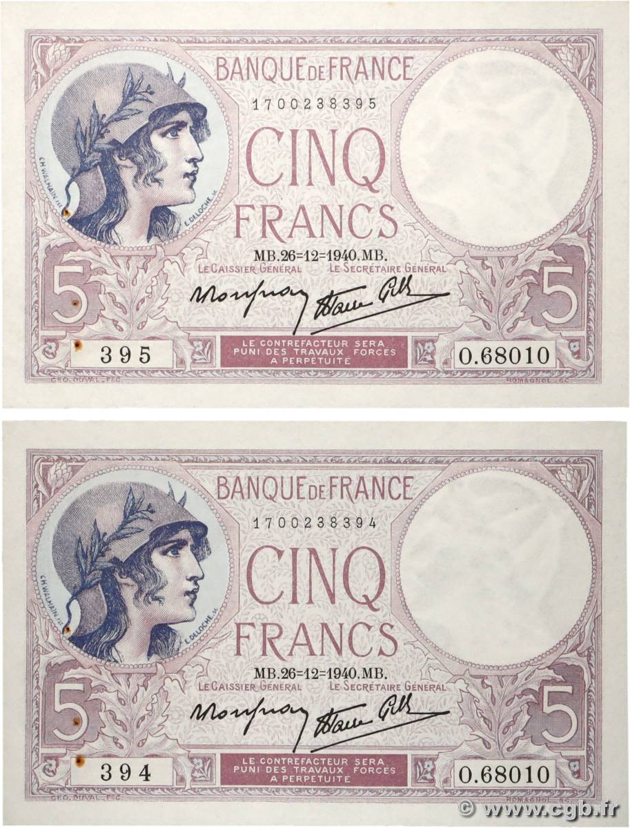 5 Francs FEMME CASQUÉE modifié Consécutifs FRANCIA  1940 F.04.18 SPL+