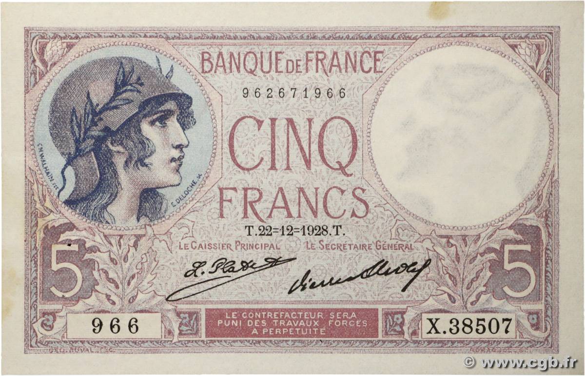 5 Francs FEMME CASQUÉE FRANCE  1928 F.03.12 SUP+
