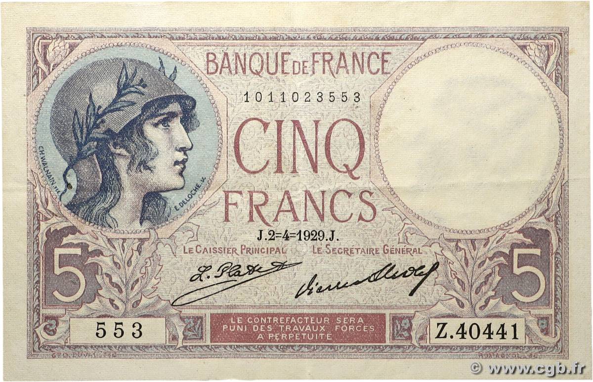 5 Francs FEMME CASQUÉE FRANKREICH  1929 F.03.13a fVZ