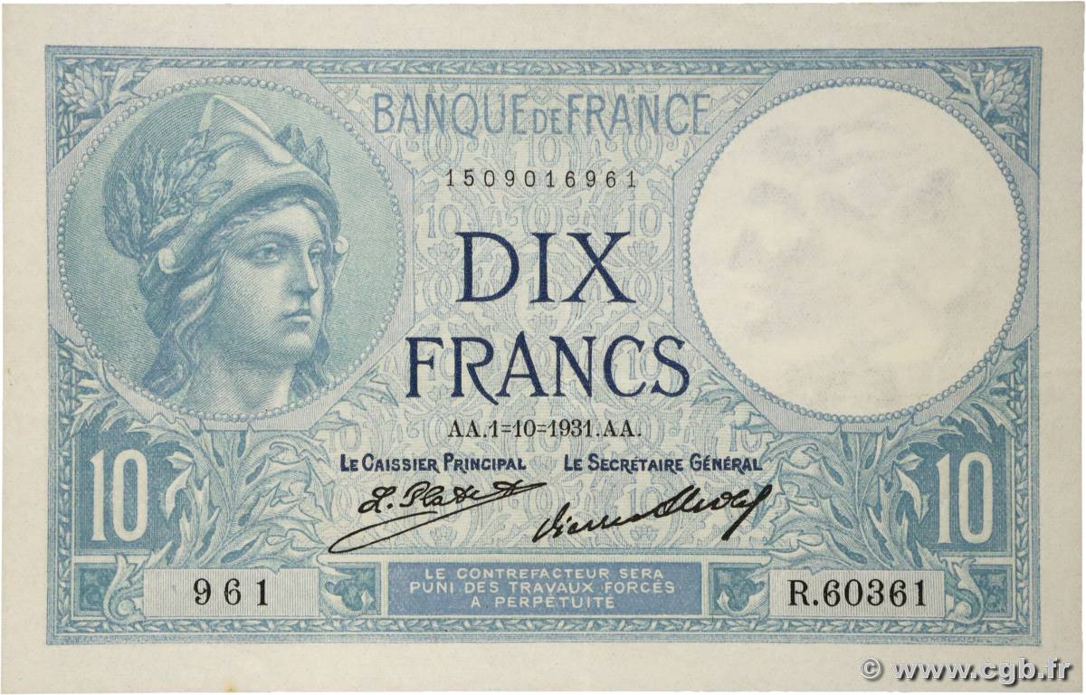 10 Francs MINERVE FRANCIA  1931 F.06.15 SPL