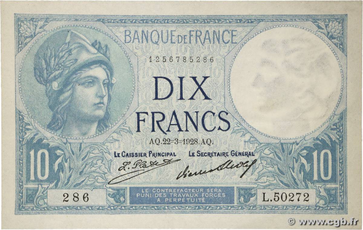 10 Francs MINERVE FRANCE  1928 F.06.13 TTB+