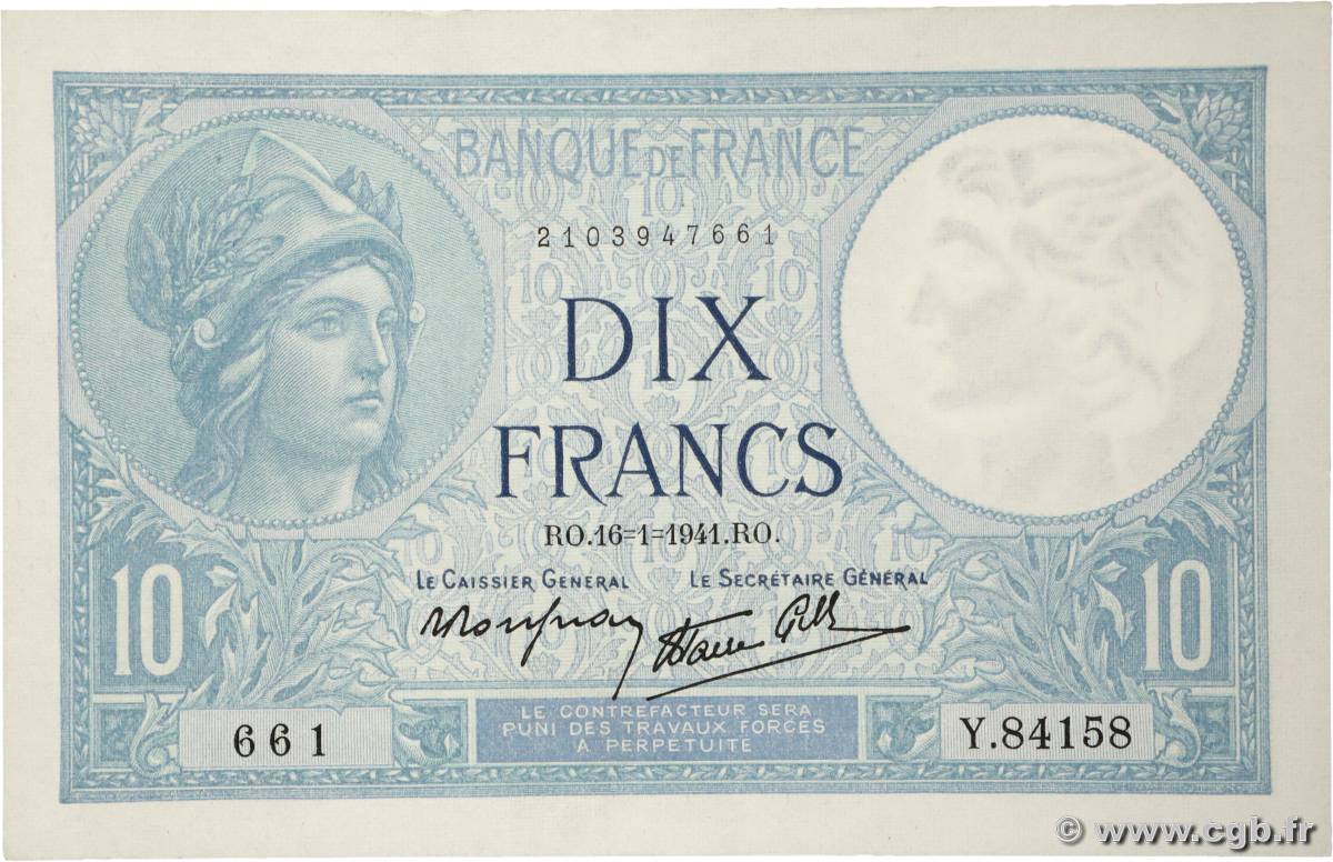 10 Francs MINERVE modifié FRANCE  1941 F.07.28 SPL