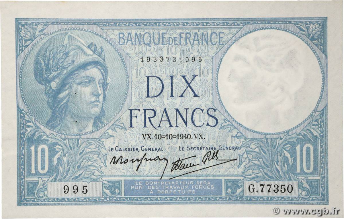 10 Francs MINERVE modifié FRANCE  1940 F.07.16 SPL