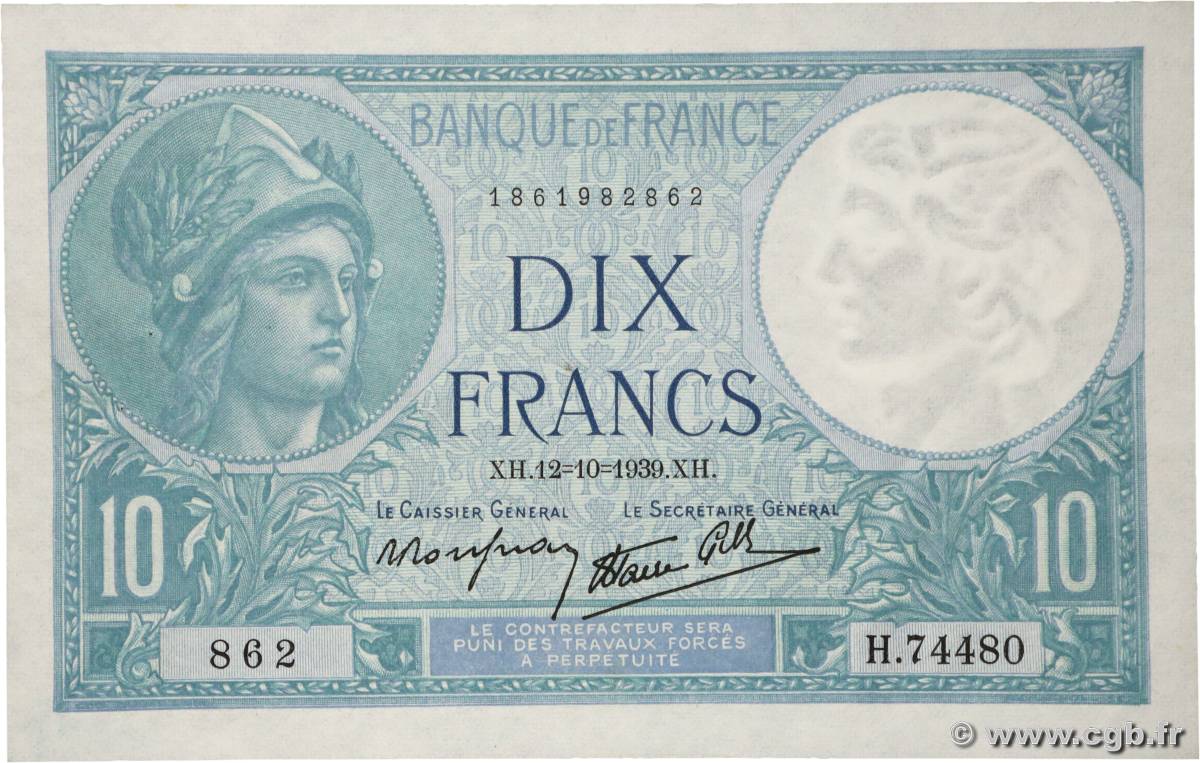 10 Francs MINERVE modifié FRANKREICH  1939 F.07.11 VZ+