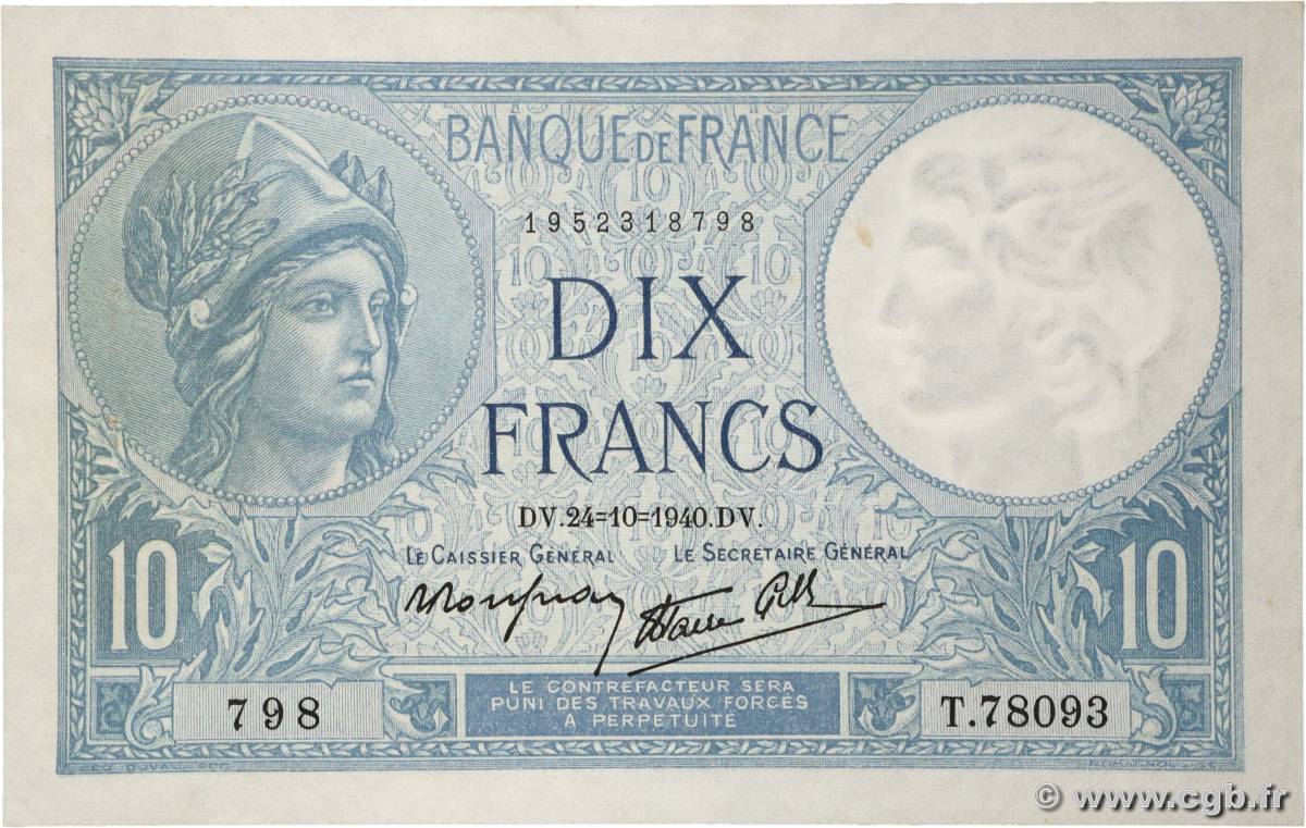 10 Francs MINERVE modifié FRANCE  1940 F.07.18 SUP