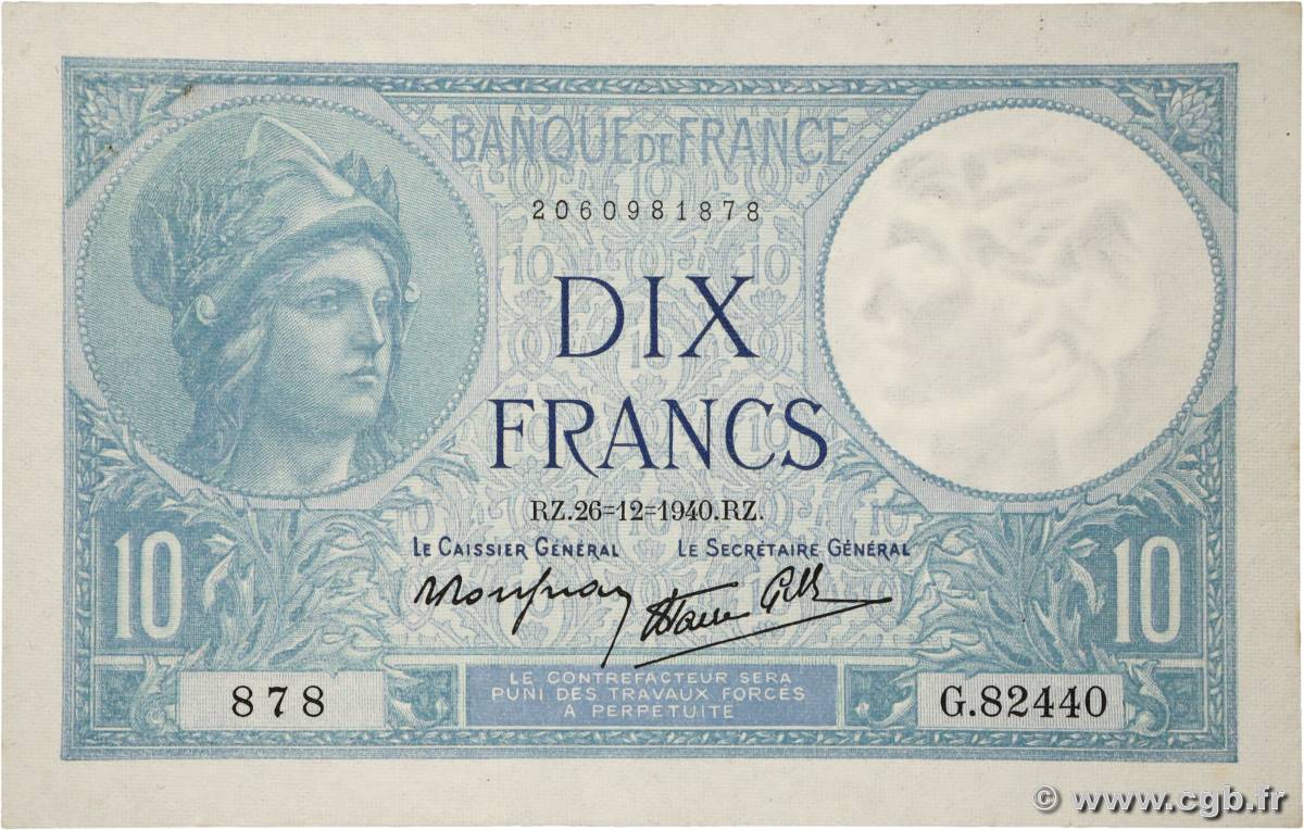 10 Francs MINERVE modifié FRANCE  1940 F.07.25 SUP+