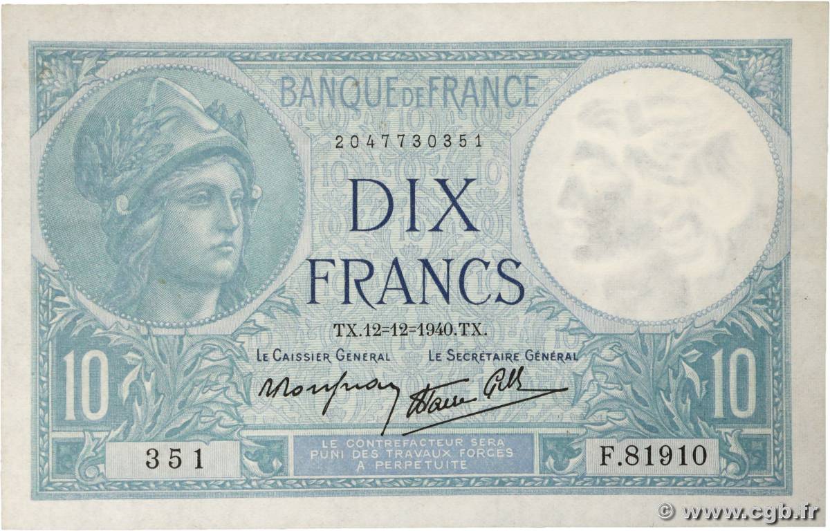 10 Francs MINERVE modifié FRANKREICH  1940 F.07.24 VZ+