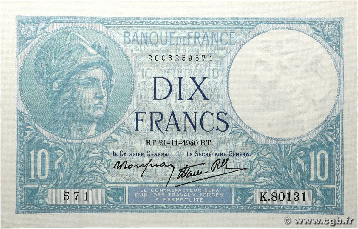 10 Francs MINERVE modifié FRANKREICH  1940 F.07.21 fST+