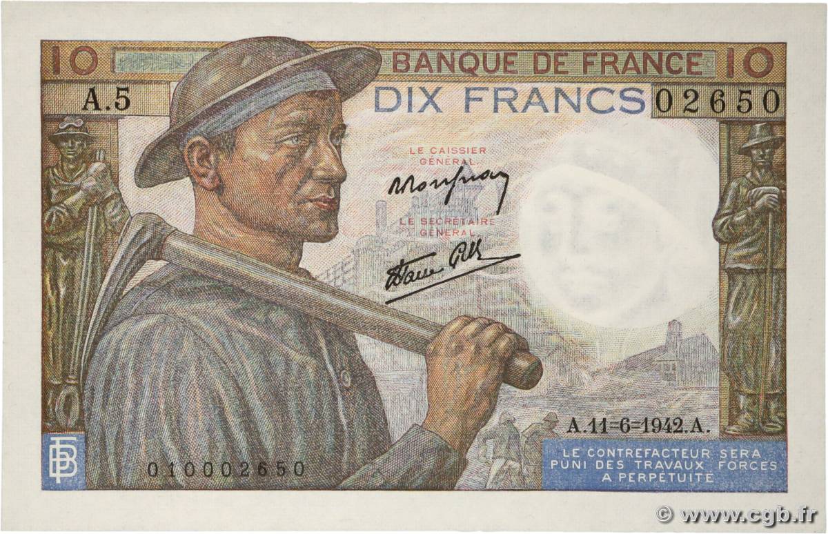 10 Francs MINEUR FRANCE  1942 F.08.03 pr.NEUF