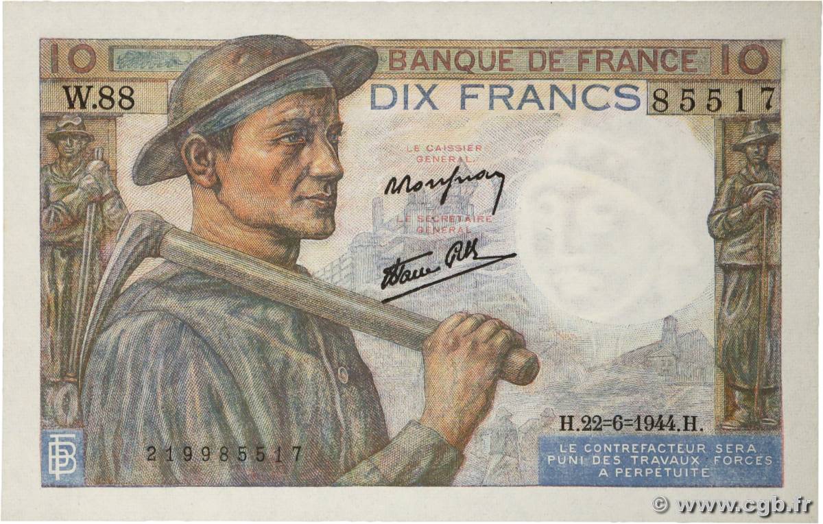 10 Francs MINEUR FRANCE  1944 F.08.12 NEUF