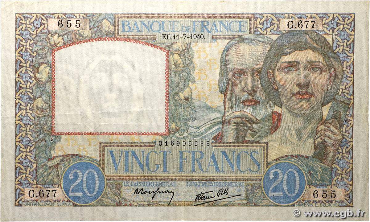 20 Francs TRAVAIL ET SCIENCE FRANKREICH  1940 F.12.04 SS