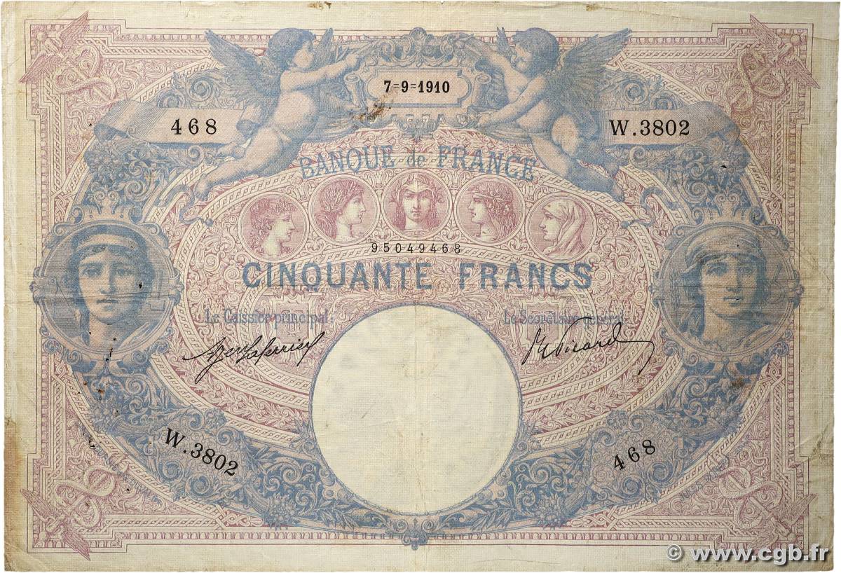 50 Francs BLEU ET ROSE FRANCE  1910 F.14.23 F