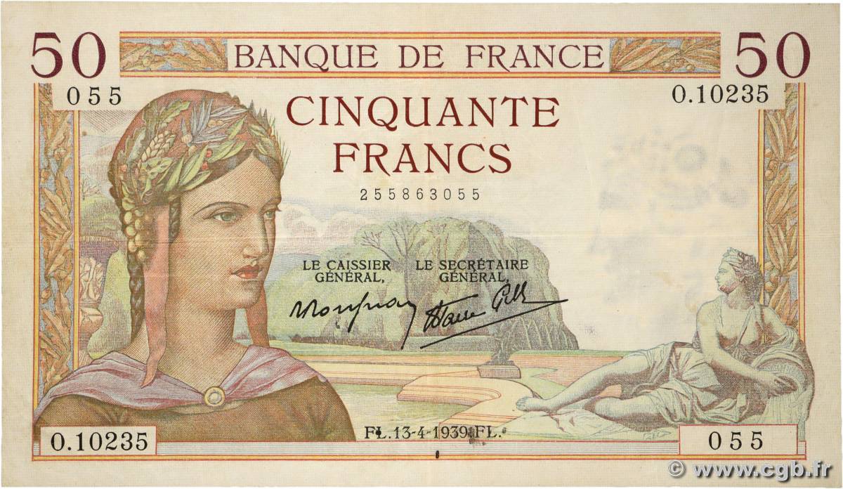 50 Francs CÉRÈS modifié FRANCE  1939 F.18.25 TTB
