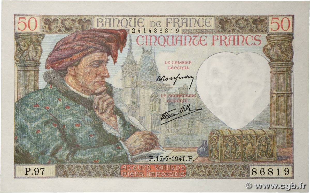 50 Francs JACQUES CŒUR FRANCE  1941 F.19.12 SPL