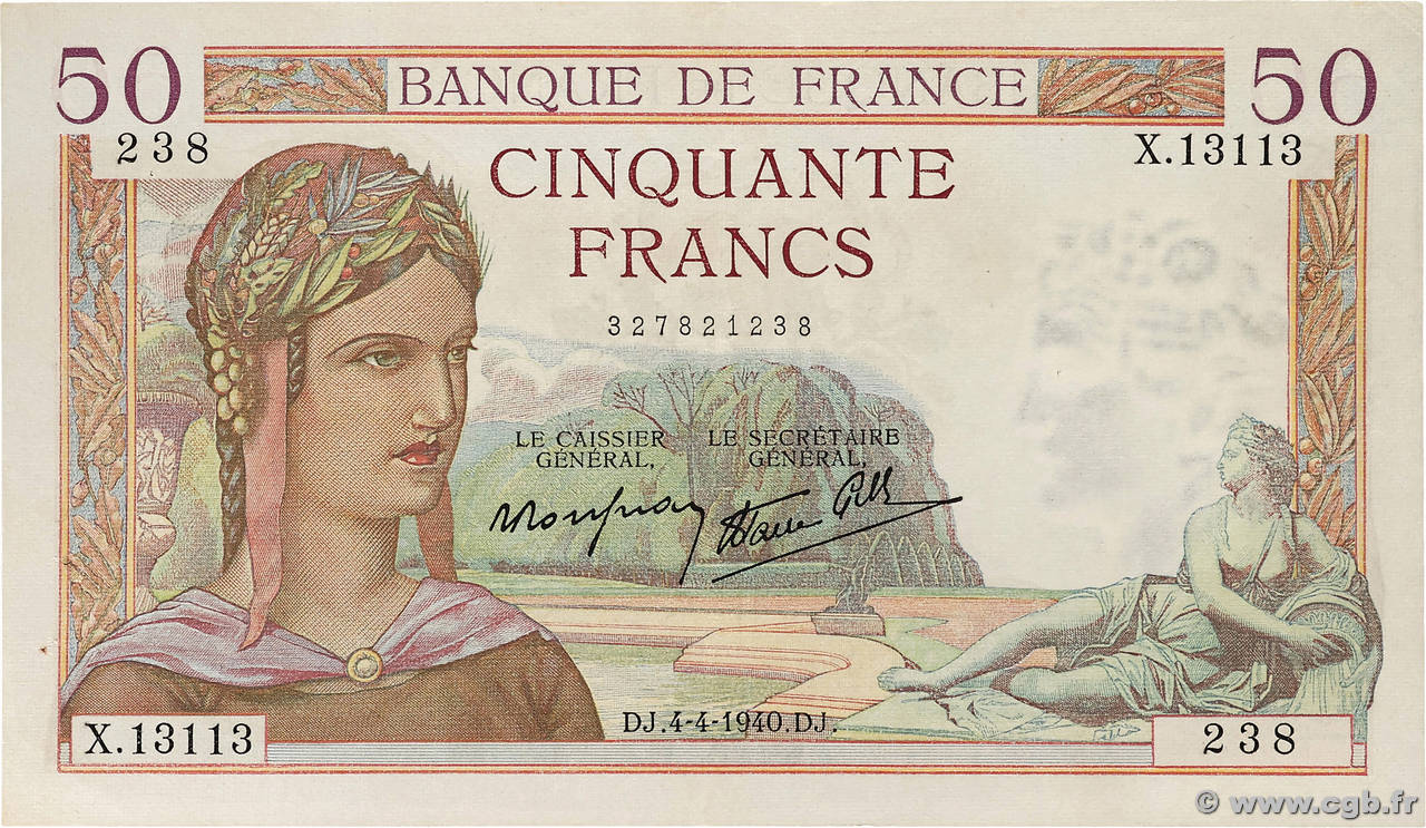 50 Francs CÉRÈS modifié FRANCE  1940 F.18.42 pr.SUP