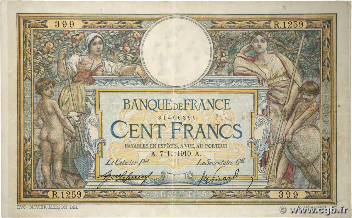 100 Francs LUC OLIVIER MERSON sans LOM FRANCE  1910 F.23.02 TB+