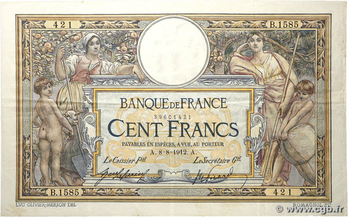 100 Francs LUC OLIVIER MERSON sans LOM FRANCE  1912 F.23.04 VF-