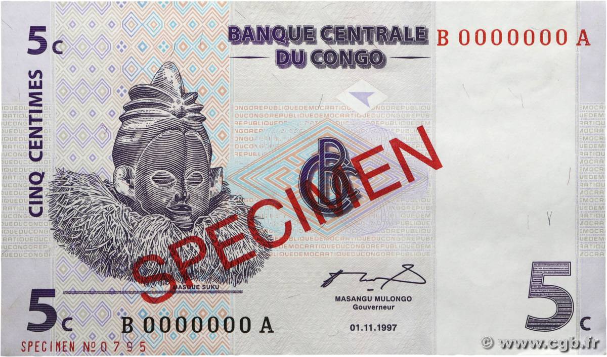5 Centimes Spécimen RÉPUBLIQUE DÉMOCRATIQUE DU CONGO  1997 P.081s SPL+