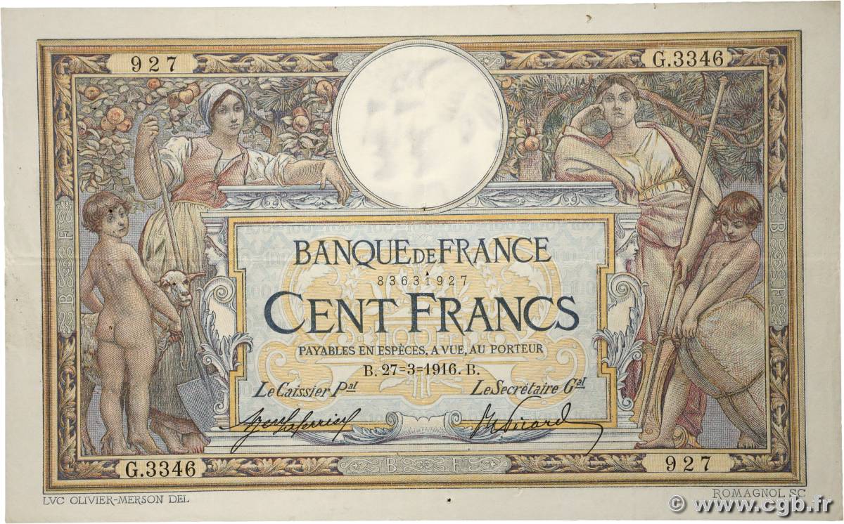 100 Francs LUC OLIVIER MERSON sans LOM FRANCE  1916 F.23.08 TTB