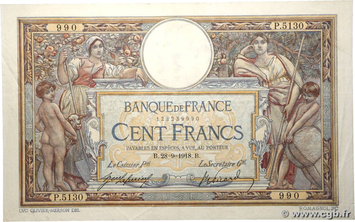 100 Francs LUC OLIVIER MERSON sans LOM FRANCE  1918 F.23.10 TTB+
