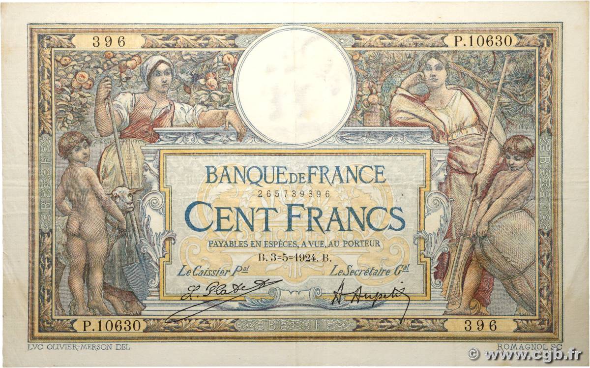 100 Francs LUC OLIVIER MERSON grands cartouches FRANCE  1924 F.24.02 TTB+