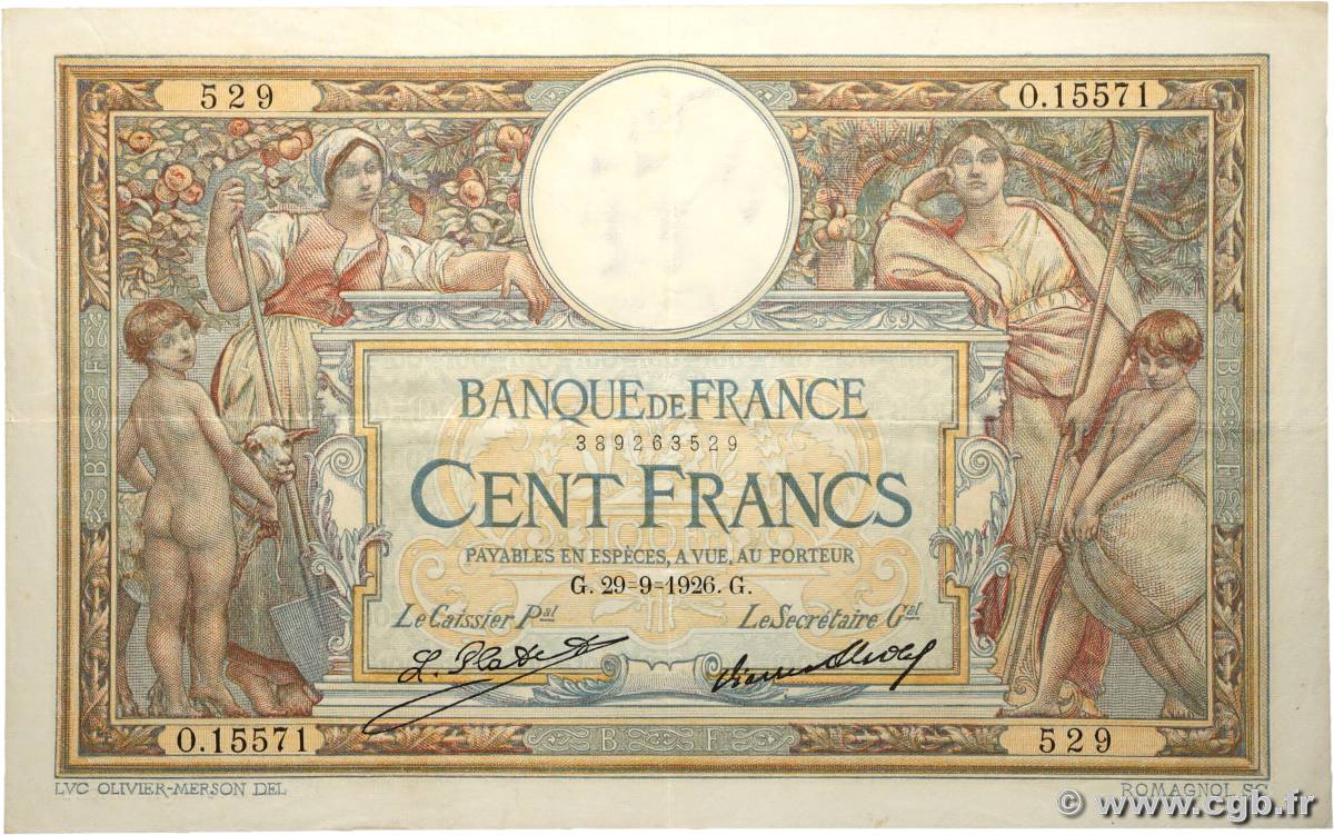 100 Francs LUC OLIVIER MERSON grands cartouches FRANCE  1926 F.24.05 VF+