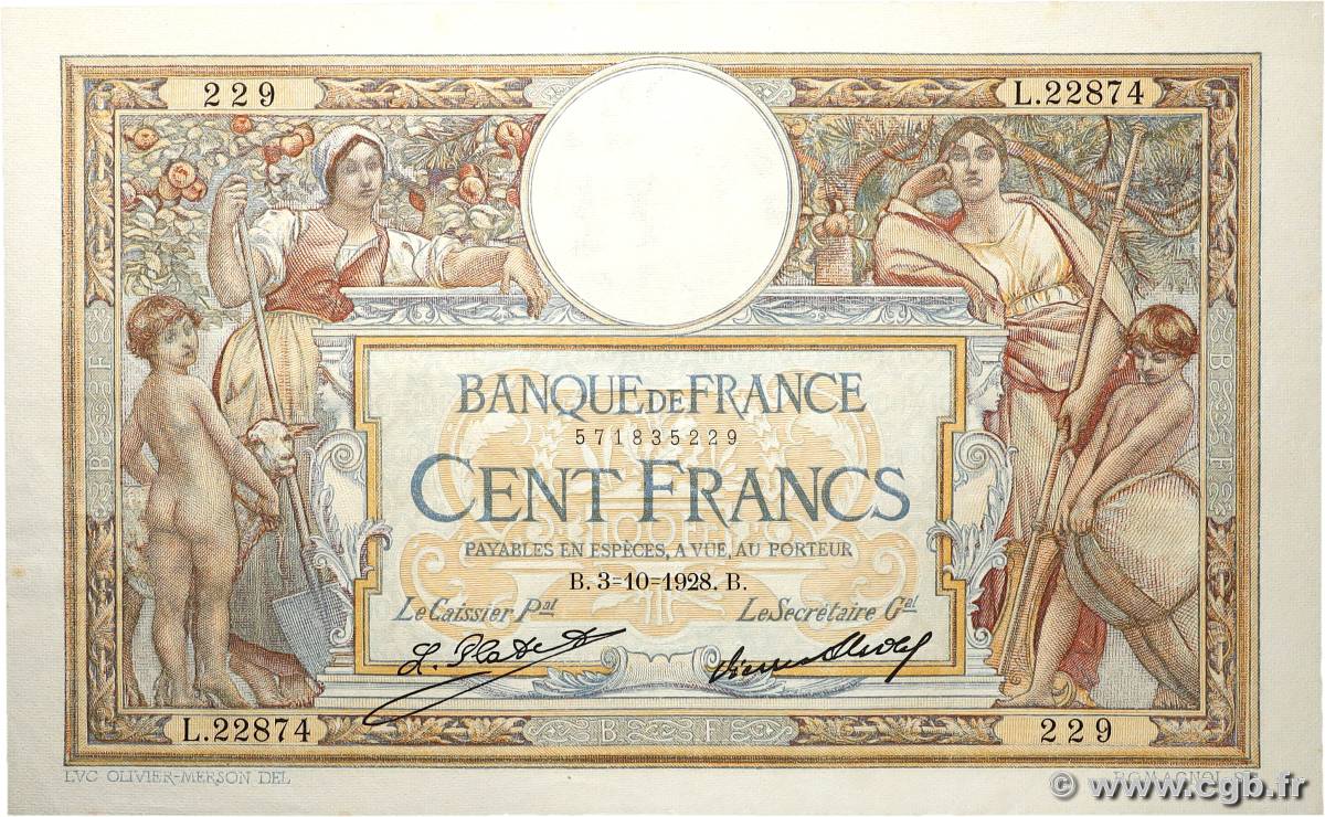 100 Francs LUC OLIVIER MERSON grands cartouches FRANCE  1928 F.24.07 XF
