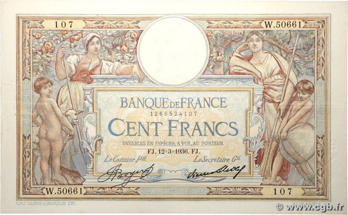 100 Francs LUC OLIVIER MERSON grands cartouches FRANCE  1936 F.24.15 TTB+