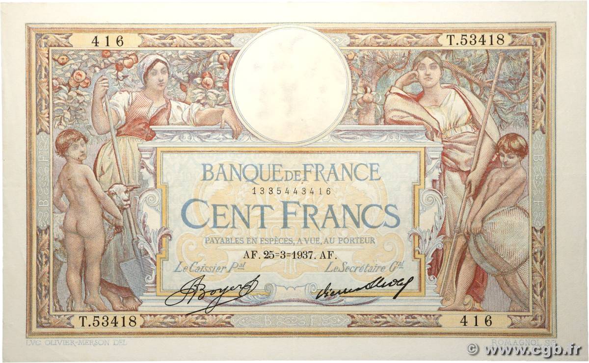 100 Francs LUC OLIVIER MERSON grands cartouches FRANCE  1937 F.24.16 TTB+