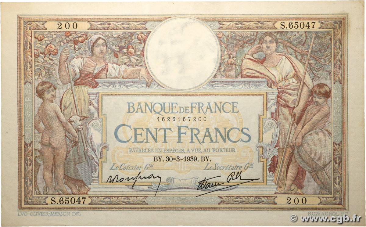 100 Francs LUC OLIVIER MERSON type modifié FRANCE  1939 F.25.44 SUP