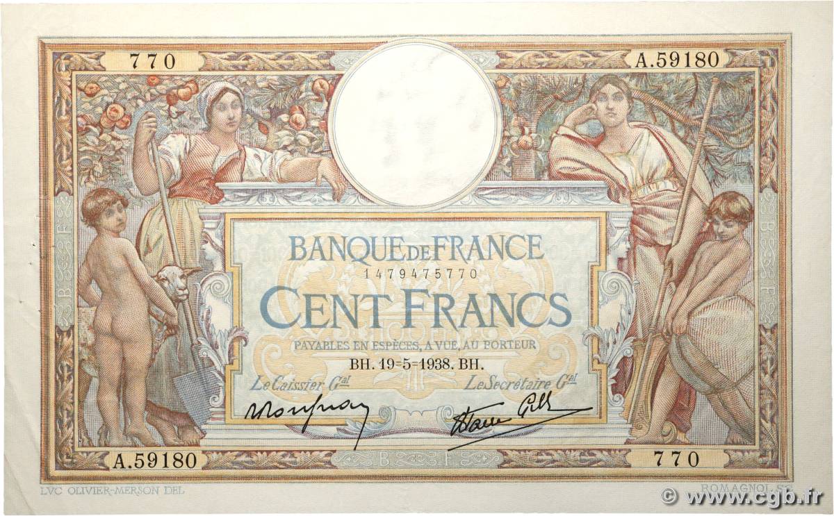 100 Francs LUC OLIVIER MERSON type modifié FRANCE  1938 F.25.19 TTB+
