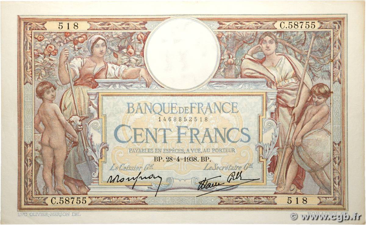 100 Francs LUC OLIVIER MERSON type modifié FRANCE  1938 F.25.16 TTB+