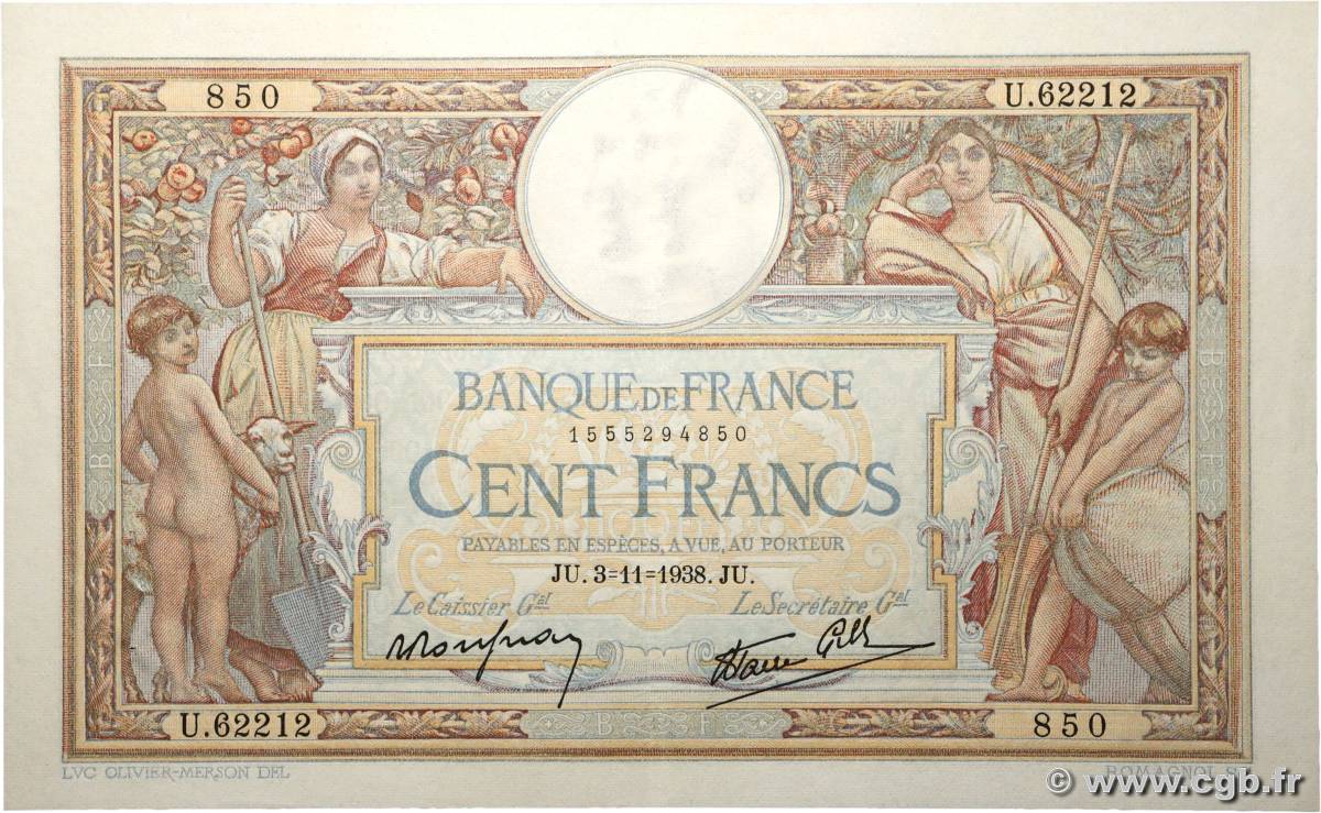 100 Francs LUC OLIVIER MERSON type modifié FRANCE  1938 F.25.34 pr.SUP