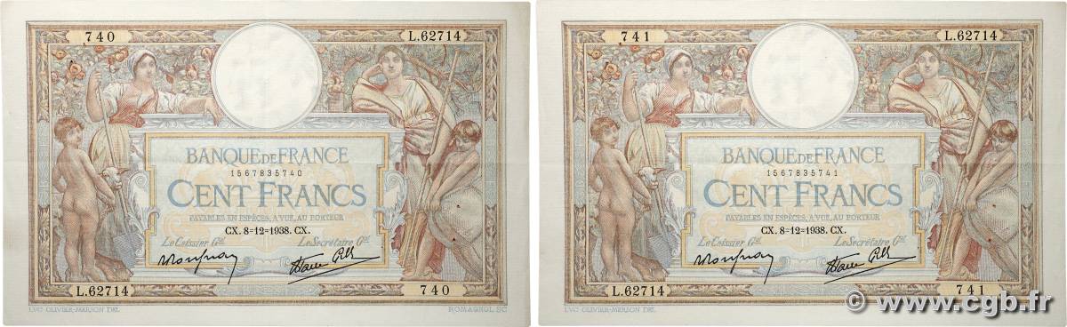 100 Francs LUC OLIVIER MERSON type modifié Consécutifs FRANCE  1938 F.25.36 XF-
