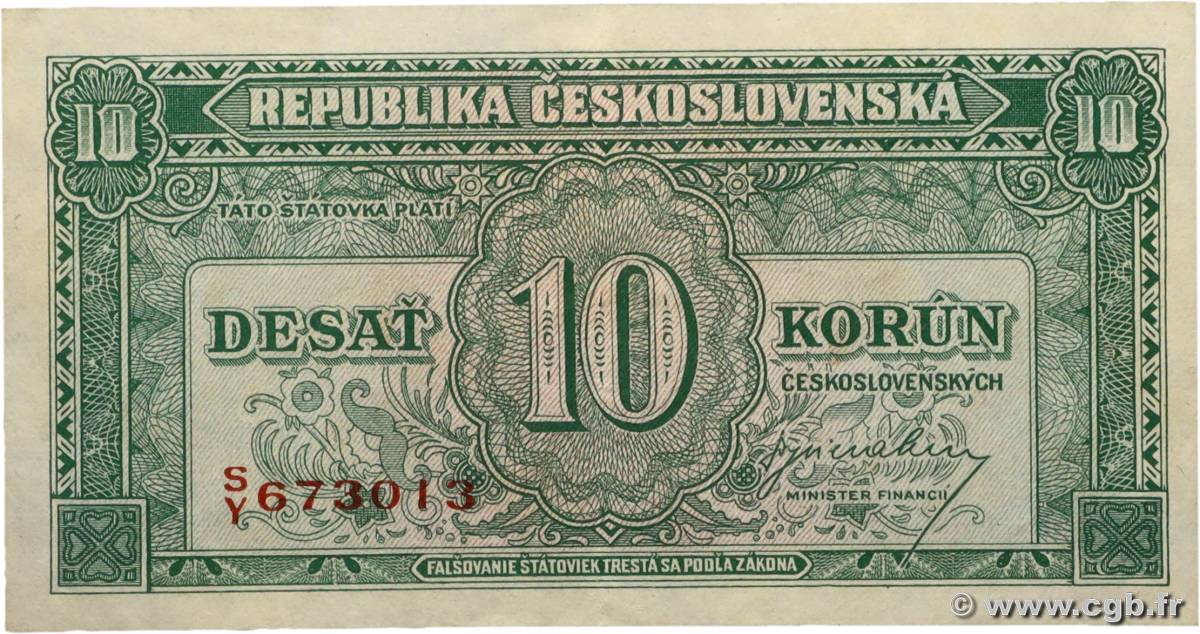 10 Korun CZECHOSLOVAKIA  1945 P.060a XF