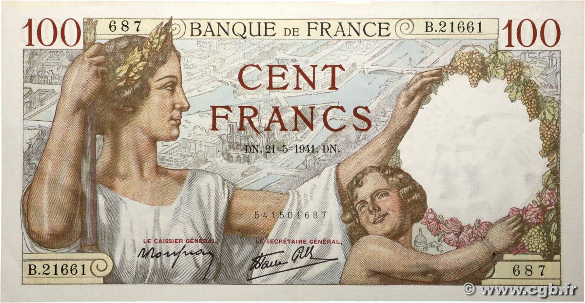 100 Francs SULLY FRANCE  1941 F.26.52 pr.SPL