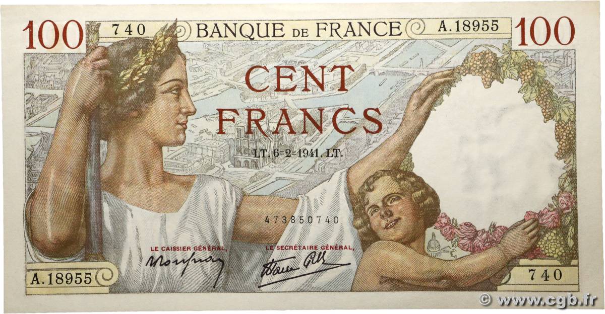 100 Francs SULLY FRANKREICH  1941 F.26.46 VZ+